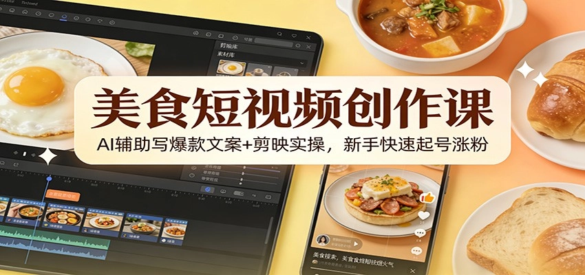 美食短视频创作课：AI辅助写爆款文案+剪映实操，新手快速起号涨粉-黑猫博客