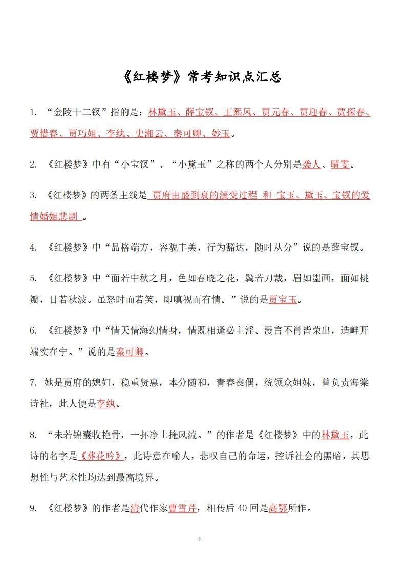 四大名著必考知识点《红楼梦》_知识点-黑猫博客