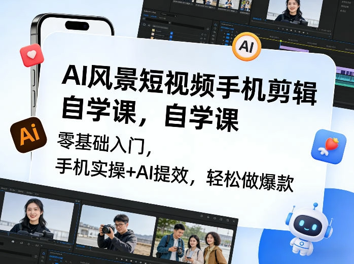 AI风景短视频手机剪辑自学课，零基础入门，手机实操+AI提效，轻松做爆款-黑猫博客