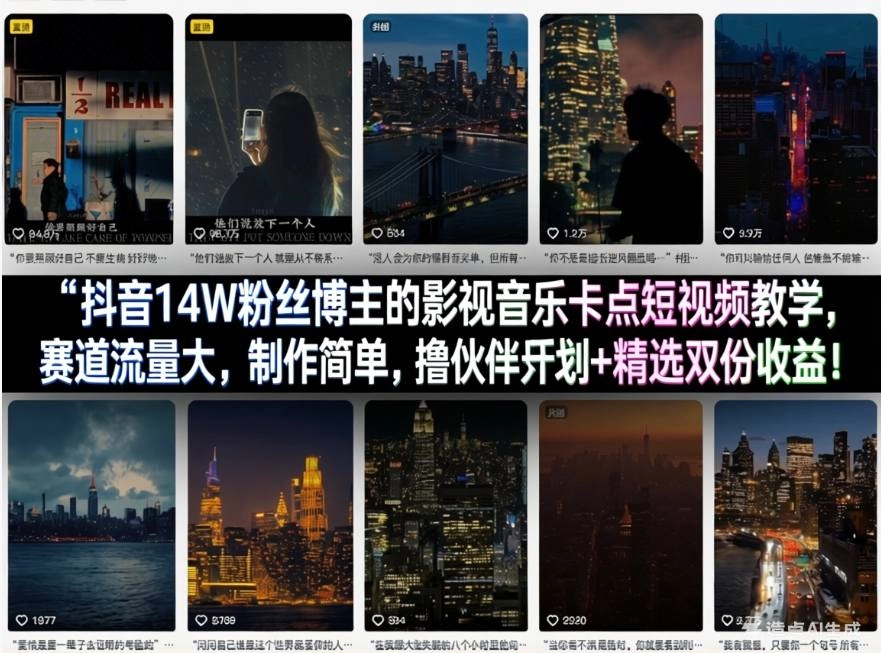 抖音14W粉丝博主的影视音乐卡点短视频教学，赛道流量大，制作简单，撸伙伴计划+精选双份收益！-黑猫博客