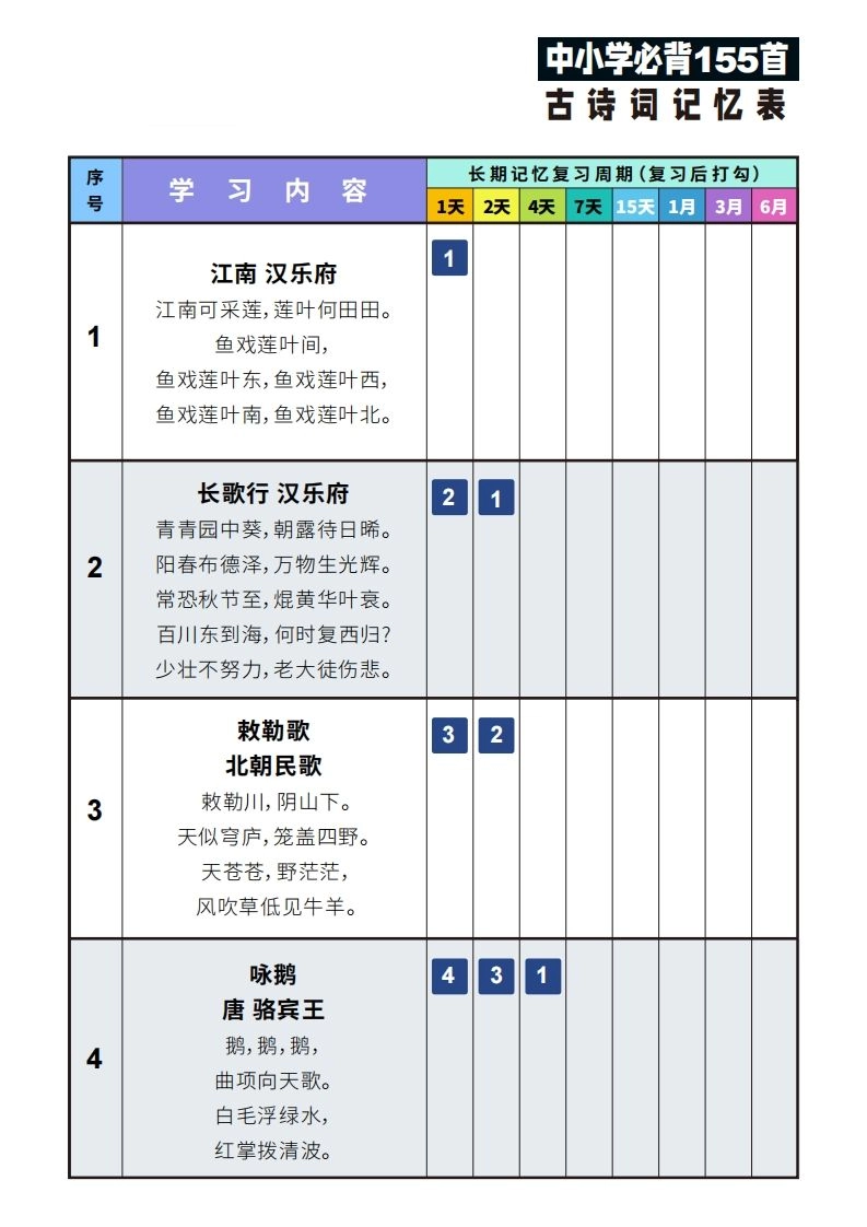155首古诗词艾宾浩斯记忆表-黑猫博客