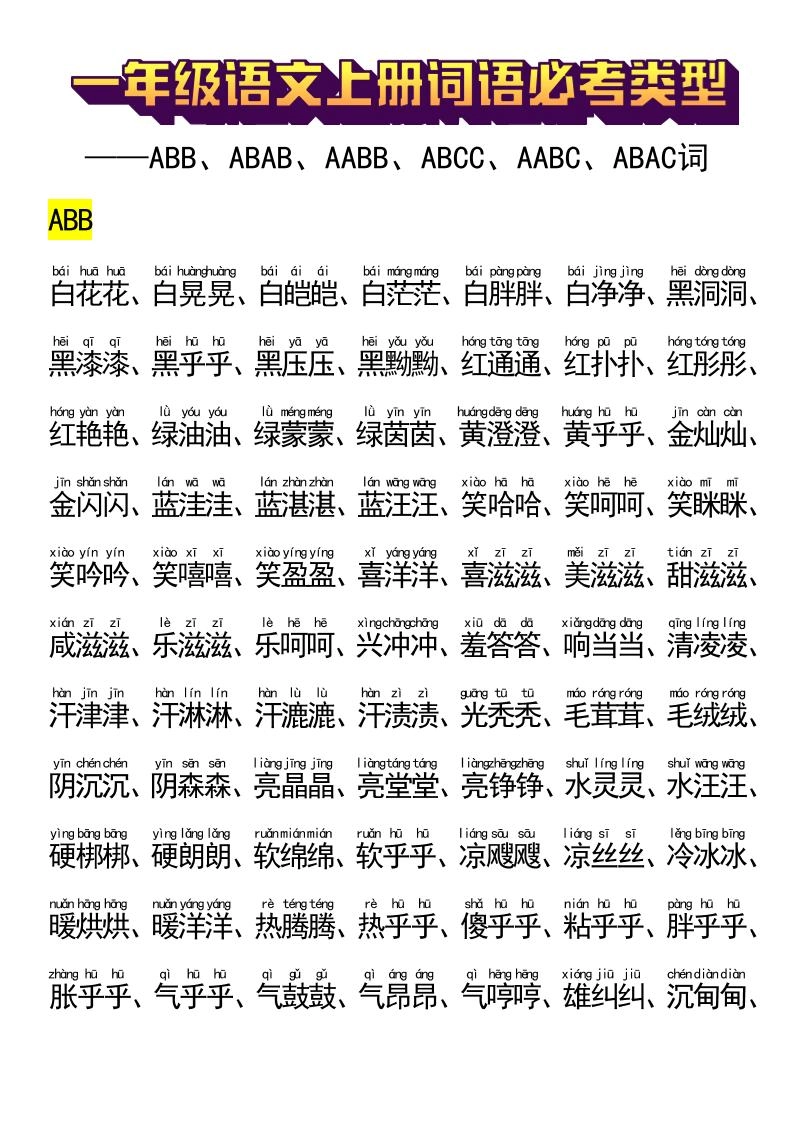一年级语文上册词语必考类型-黑猫博客