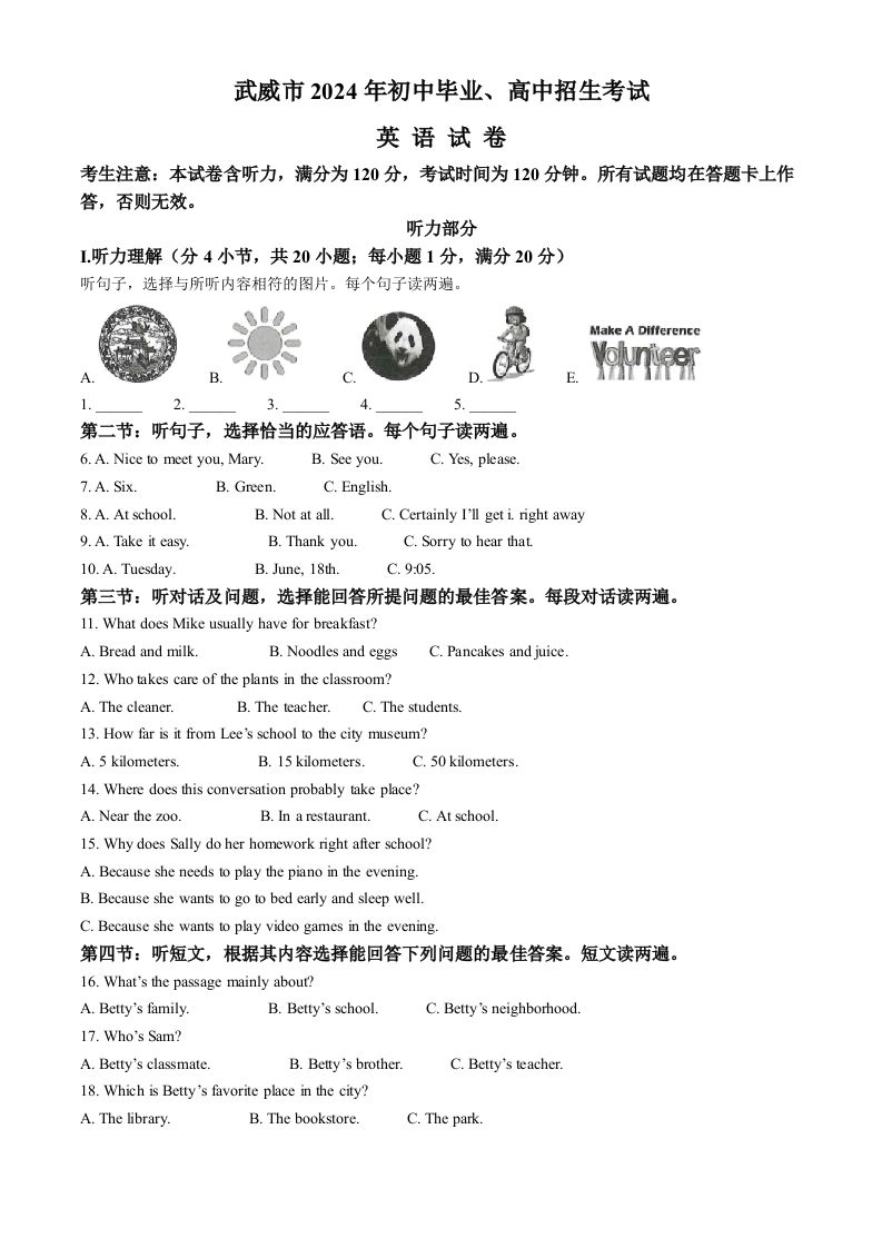 2024年甘肃省武威市、嘉峪关市、临夏州中考英语真题（含答案）-黑猫博客