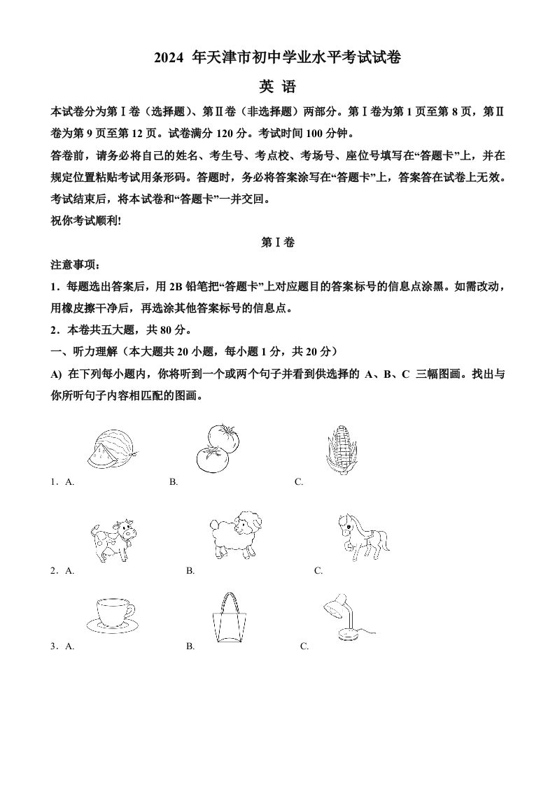 2024年天津市中考英语真题（含答案）-黑猫博客